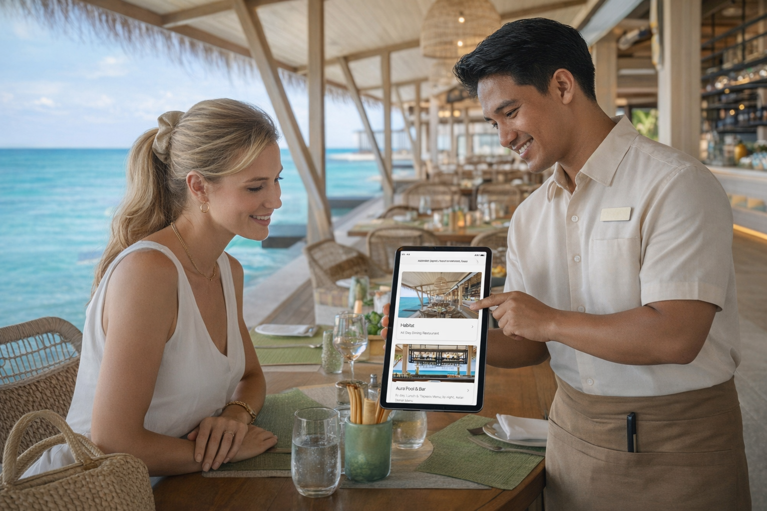 Resort staff showing BiteApp on tablet to guest - restaurant booking and digital menu platform