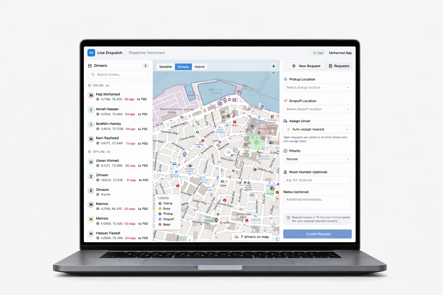 Live Dispatch dashboard showing real-time driver locations on map with job assignment panel